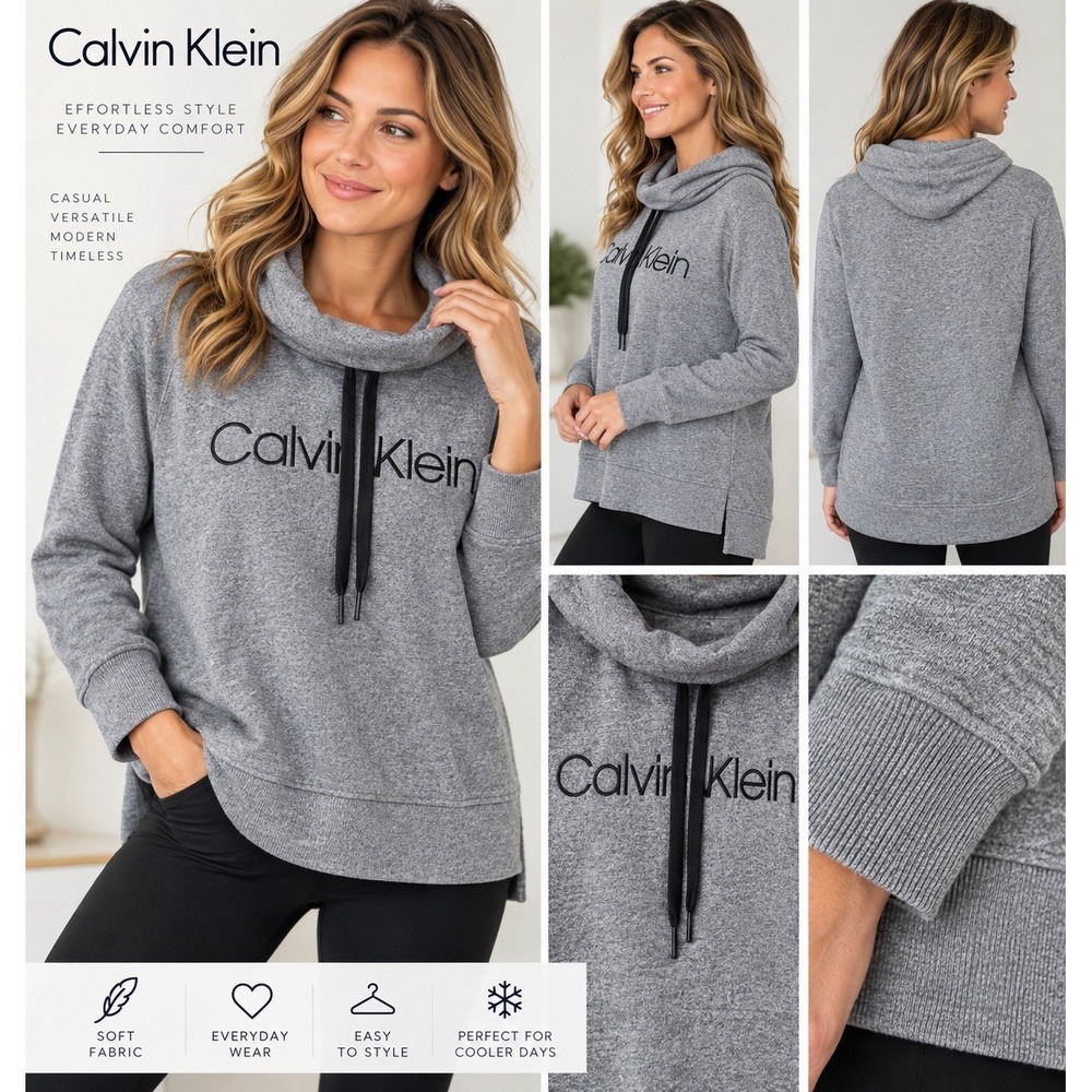 Calvin Klein Womens Heather Gray Logo Pullover Cowl Neck Hoodie Sweatshirt L